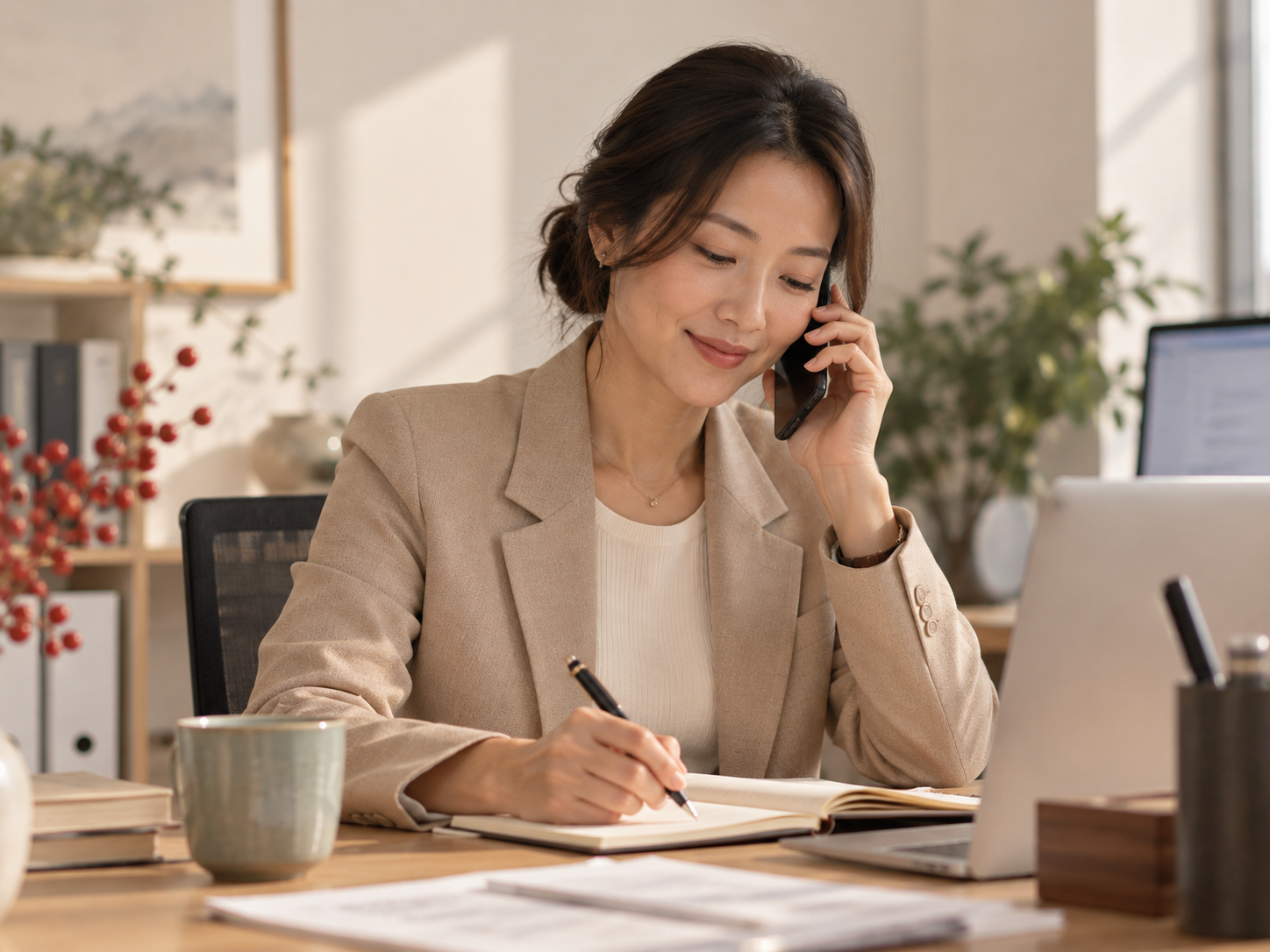 Chargée de compte au téléphone, prenant des notes
