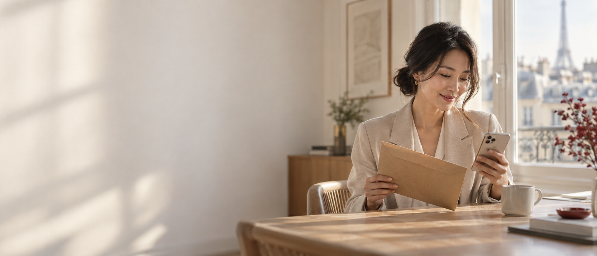 Femme lisant un courrier et son téléphone dans un appartement parisien
