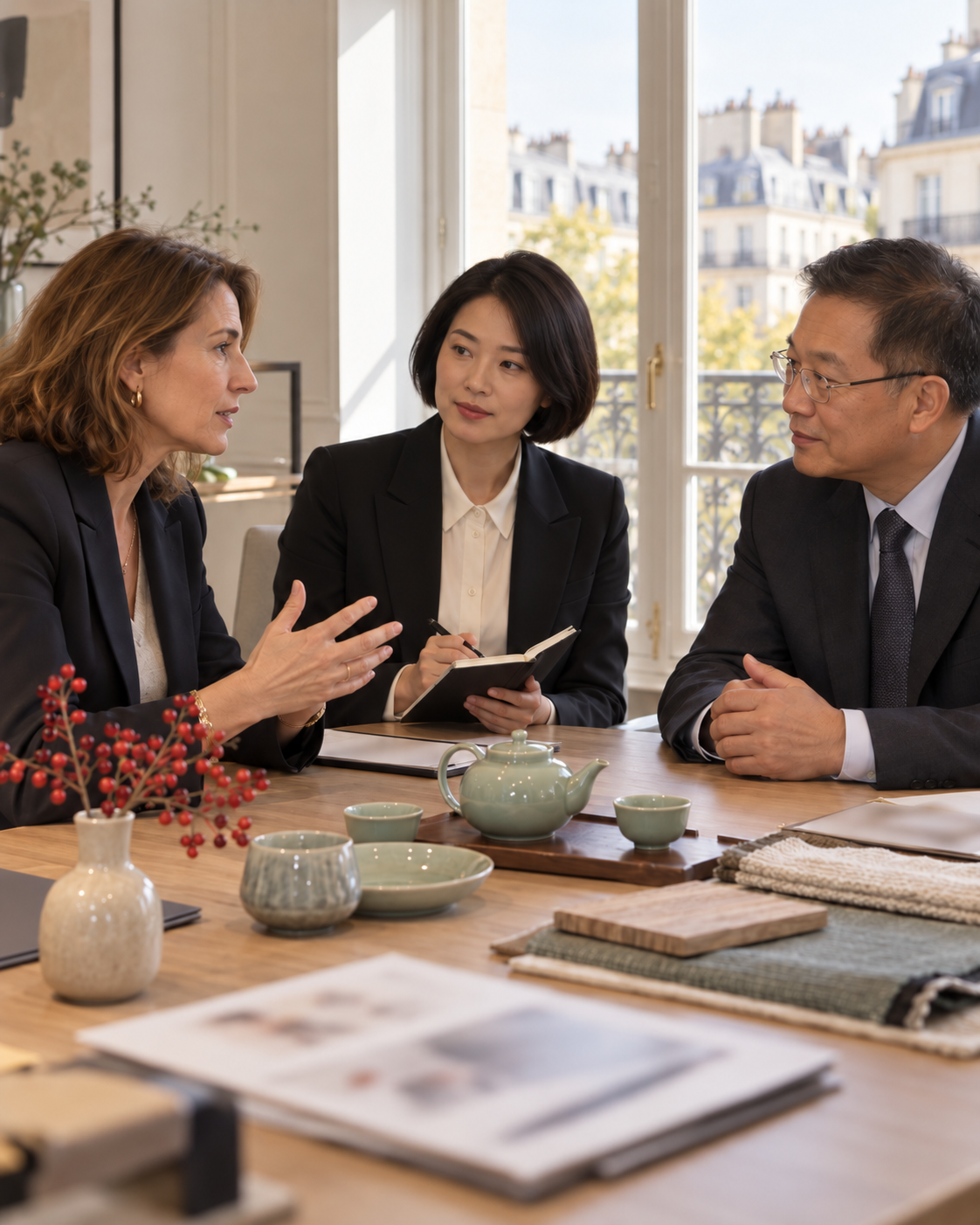 Interprète prenant des notes entre une acheteuse française et un fournisseur chinois