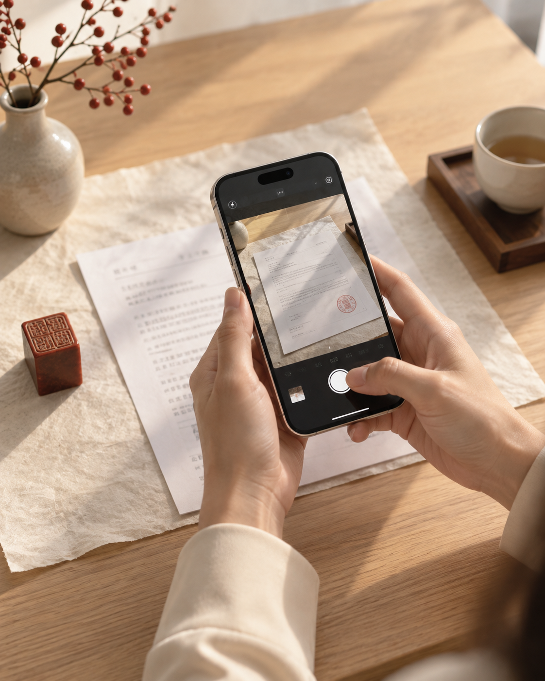 Mains photographiant un document avec un téléphone